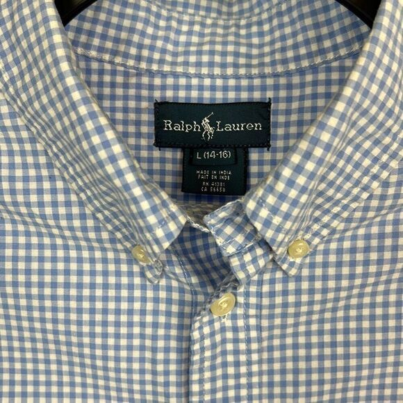 Ralph Lauren Boys Button Front Shirt Sz Large 14-16 Blue White Checked Plaid Lon - Picture 2 of 6